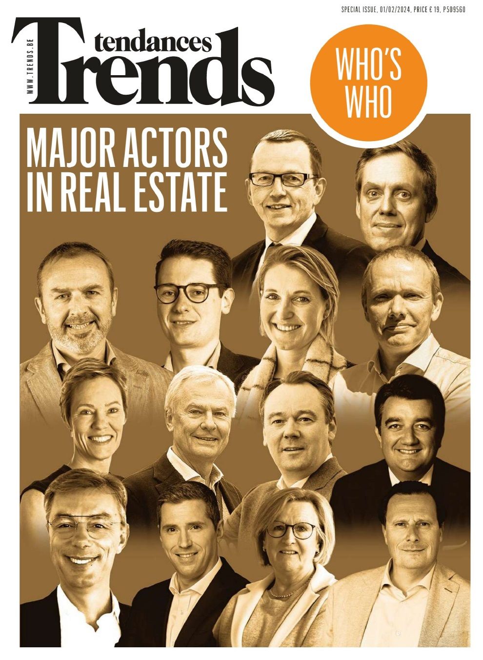 A magazine cover titled "Trends Tendances: Major Actors in Real Estate" featuring portraits of prominent individuals in the real estate industry. The issue highlights key figures and influencers, marked as a special edition.